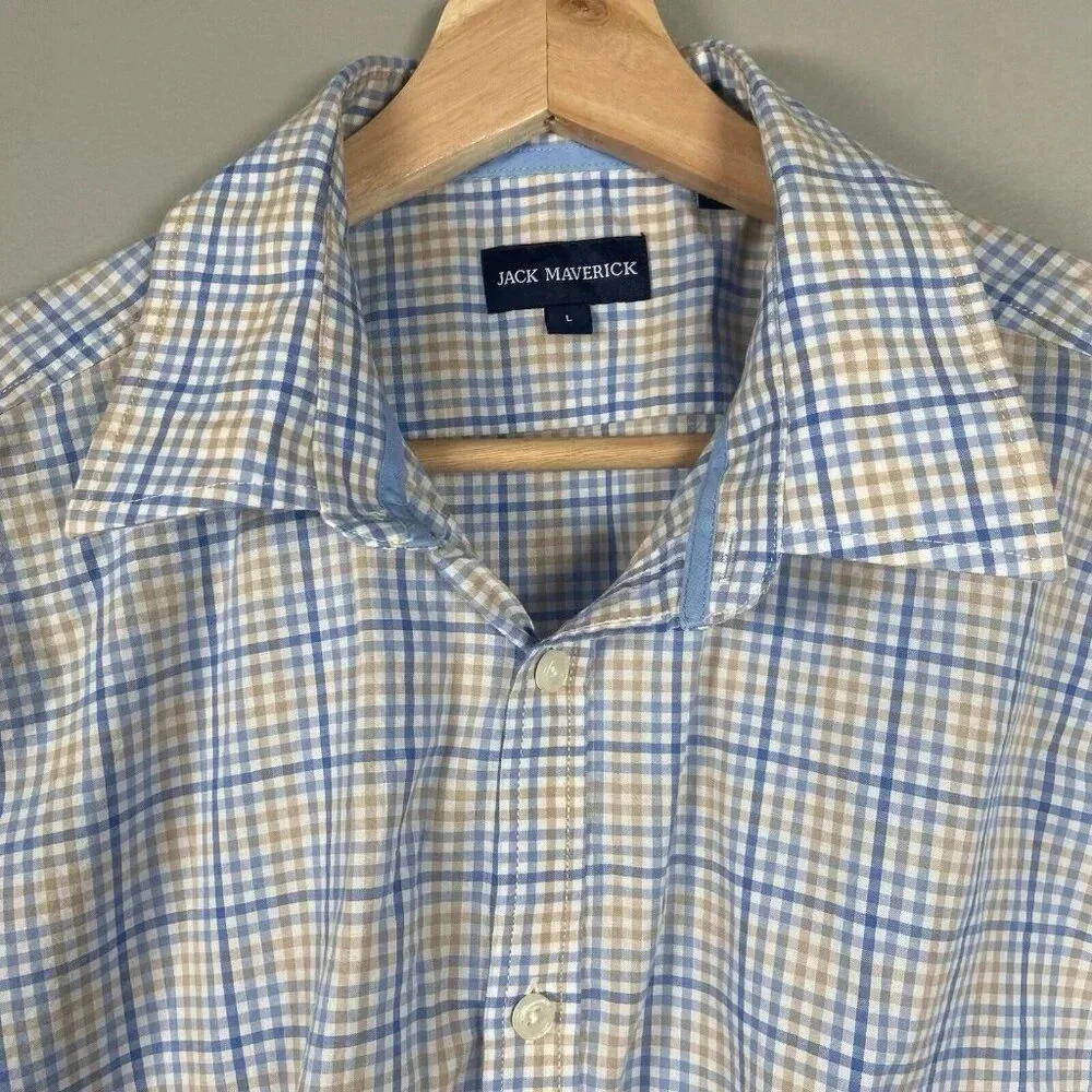Jack Maverick Soft Blue Plaid Long Sleeve Men’s Dress Shirt Button Size‎ L Large